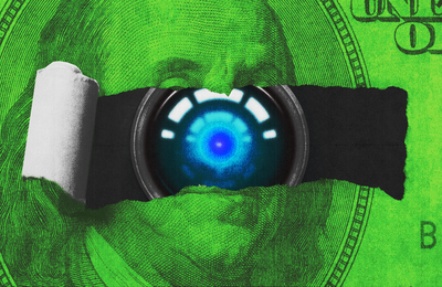 An illustration of a robotic eye peering out from a torn $100 bill.