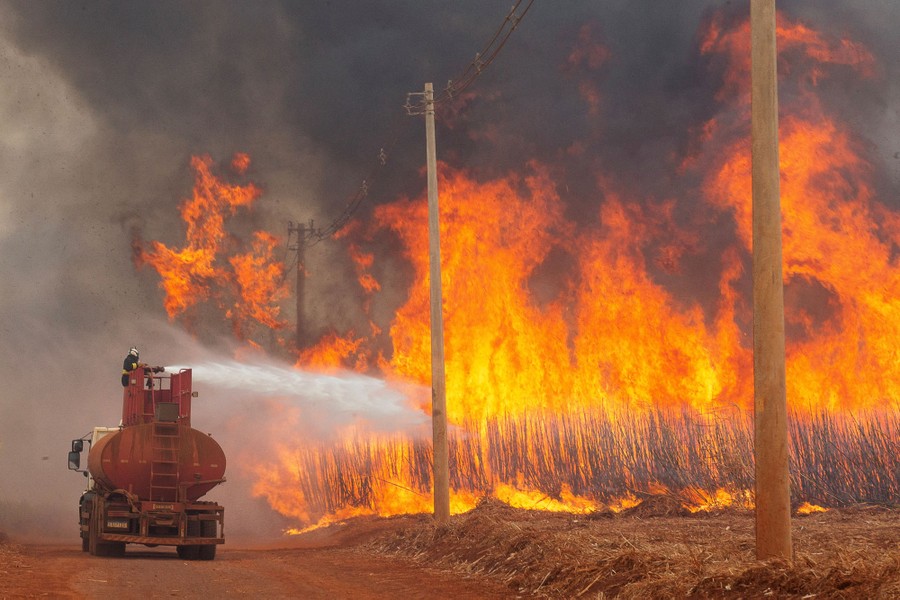 A firefighter sprays water from the top of a tanker truck toward fire burning through a sugarcane field.