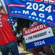 Supporters of former U.S. president and 2024 Republican presidential candidate Donald Trump and of candidate Robert F. Kennedy Jr. gather near the entrance to the Ronald Reagan Library, in Simi Valley, California, on September 27, 2023.