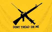 An illustration of a vaccine needle, a gun, and the slogan "Don't tread on me"