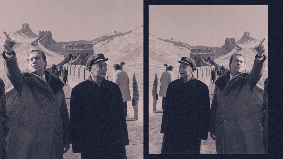 A mirrored sepia-toned photo of President Richard Nixon and Secretary of State William Rogers with Chinese Deputy Premier Li Xiannian during a visit to the Great Wall of China.
