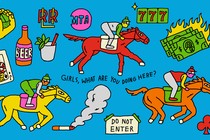 A racetrack-themed collage featuring several horses with jockeys, a mint julep, some money being lit on fire, a cigarette, etc.