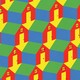 A repeated illustrated patten of red, green, and blue houses on a yellow background