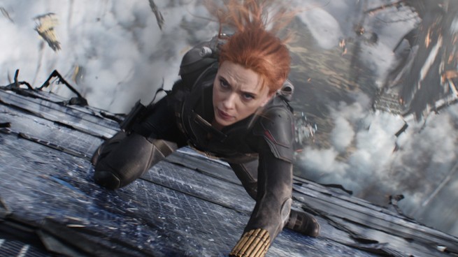 Natasha Romanoff, a.k.a. Black Widow, in a midair action sequence