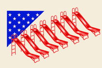 An illustration of playground slides stylized in the colors of the American flag.