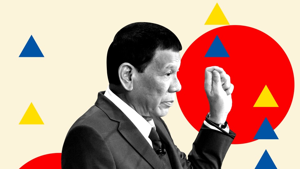 A profile black and white photograph of Rodrigo Duterte set against a background with red circles and blue and yellow triangles.