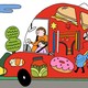 A dad and his daughter driving, with various objects from their day out drawn on the car