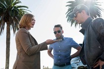 Shiv, Roman, and Kendall Roy surrounded by palm trees in Season 4 Episode 1 of 'Succession'