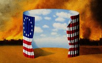 Illustration: A colonial 13-star American flag forms a semicircle around blue sky with an enormous fire as background.