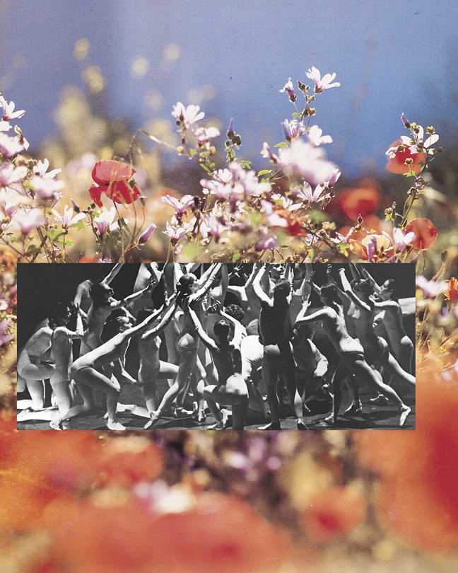 a black and white photo of dancers on a stage, reaching upwards, on top of an image of a field of red and pink flowers, with a blurry blue sky in the background