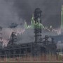 A line chart superimposed over an atmospheric photo of an oil refinery