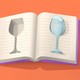 an open book with a wine glass carved into it against an orange background