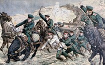 An illustration of a long line of men on horses and men on foot dragging supplies