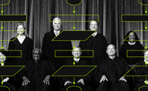 Justices of the Supreme Court positioned behind imagery evoking technical inputs and outputs
