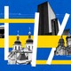 A collage of black and white photos of Kyiv's landmarks and yellow and white rectangles against a blue background