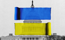 A yellow ribbon and a blue ribbon superimposed on a photo of Congress