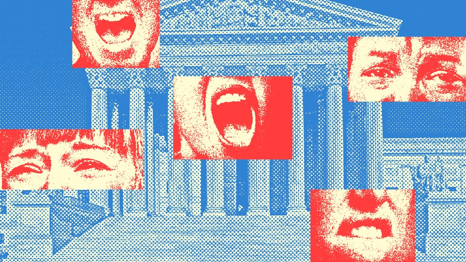 Images of upset faces overlaying an image of the Supreme Court