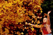 A person plays with falling leaves in a park.