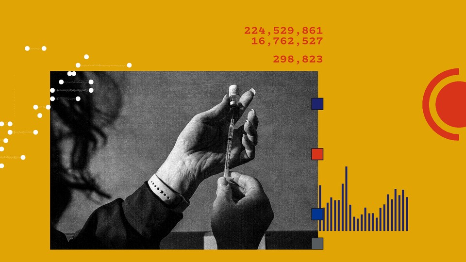 A hand holding a vaccine against a yellow background, with graphs and numbers