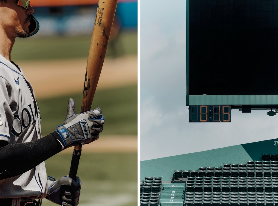 2 photos: baseball player holding bat; pitch clock at bottom of scoreboard