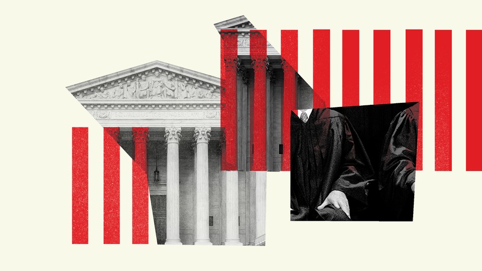 An image of the Supreme Court, judge's robes, and red lines
