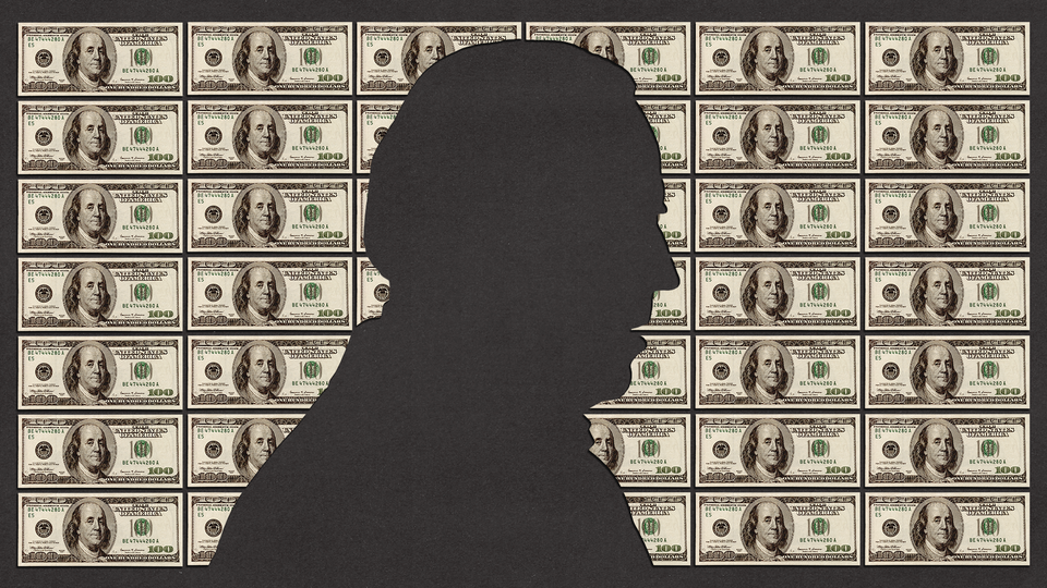 A silhoutte of Joe Biden against a backdrop of $100 bills