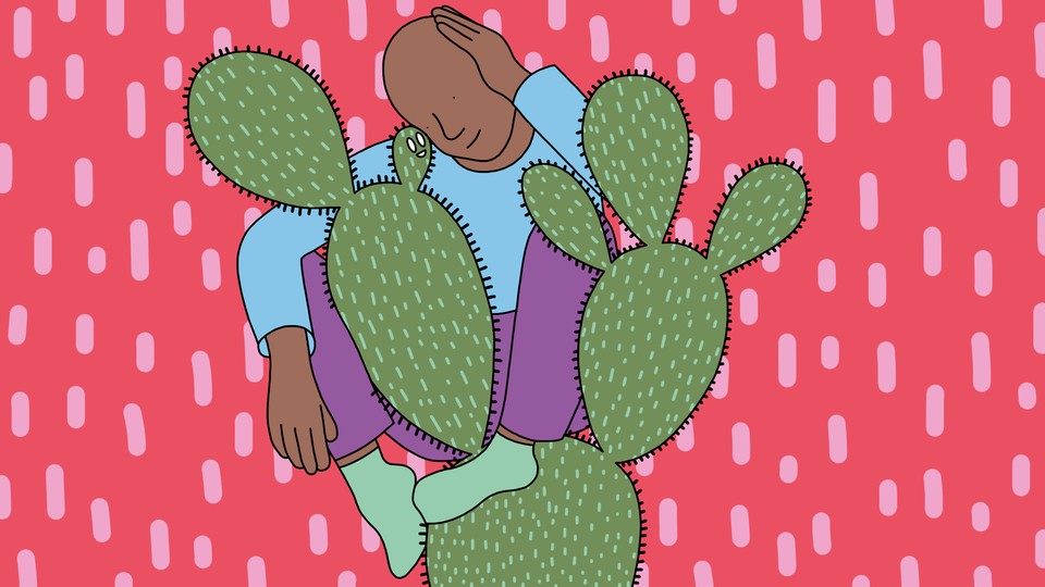 An illustration of a man sitting happily in a large cactus plant.