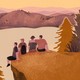 A group of four friends set on a cliff overlooking a lake in the woods