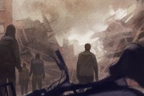 Urban disaster scene with collapsed building, smoke, fallen bicycle in foreground, and people standing and staring at the wreckage