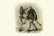 Illustration of a skeleton playing a violin next to a person dancing while holding a horn