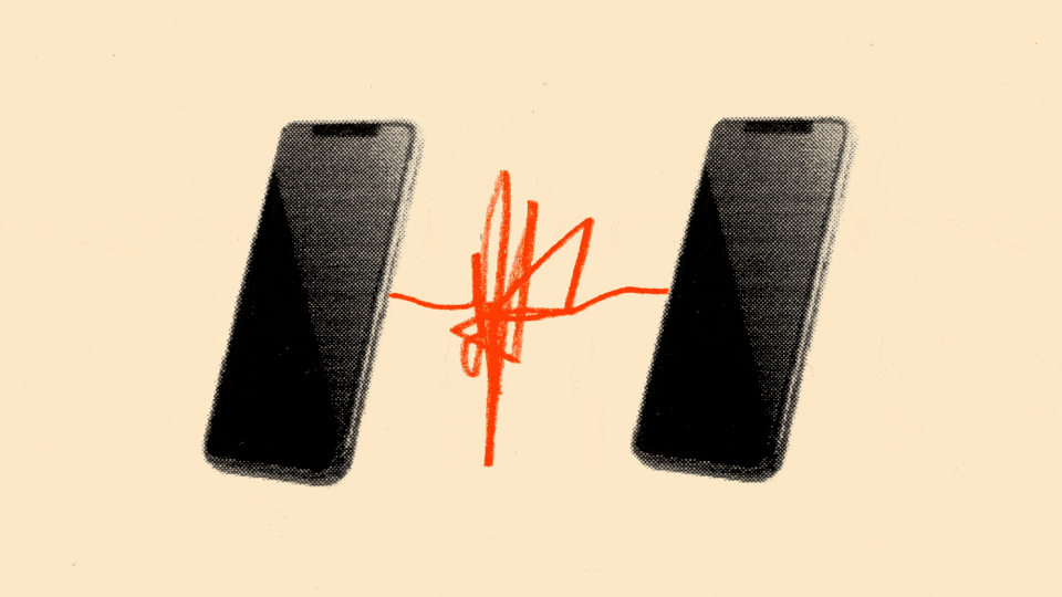 An illustration of two phones struggling to connect.