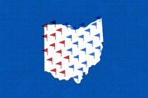 An illustration featuring a map of Ohio with red and blue flags