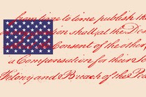 An American flag, but instead of the red and white stripes, there is red script from the Constitution set against a beige background next to the blue and white stars..