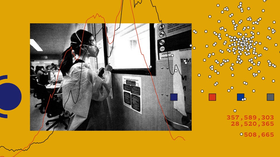 An illustration of coronavirus cases and hospitalizations overlaid on a photograph of a medical professional looking out a window.
