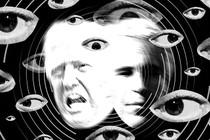 A black and white image of Trump and Epstein's heads adjoined, surrounded by circles and eyes