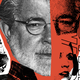 collage-style illustration with black-and-white photos and scans of Lucas, Vader, Leia, the Death Star, and Star Wars logos on red and white background