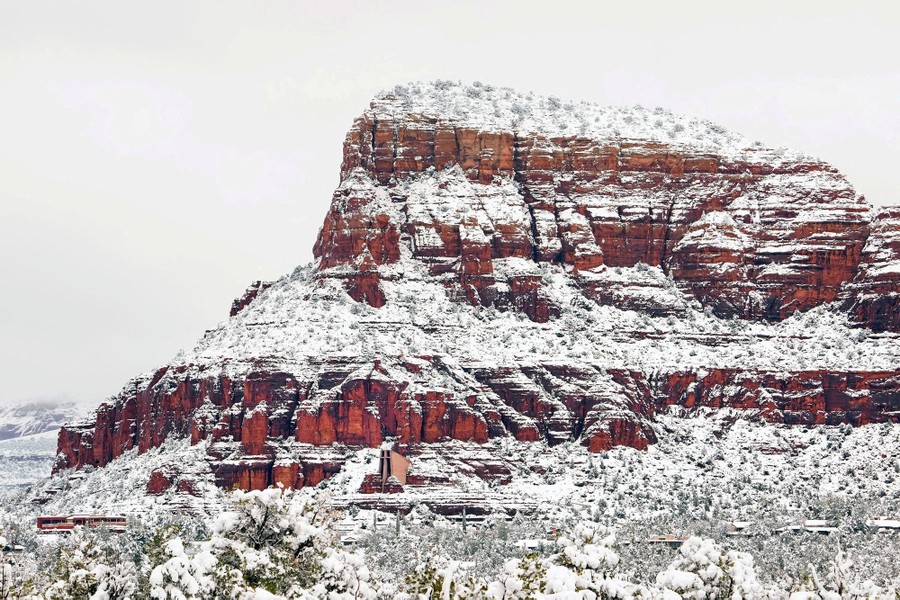 A snow-covered rock formation in Arizona