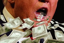 A close-up of Donald Trump's mouth appearing to suck up or exhale cash