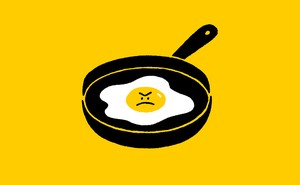 Illustration of fried egg with frowning angry face in yolk in black frying pan on yellow background
