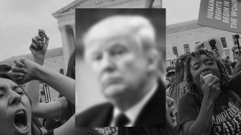 A photomontage featuring a blurry black-and-white photo of Donald Trump set amid a crowd of anti-abortion-rights campaigners