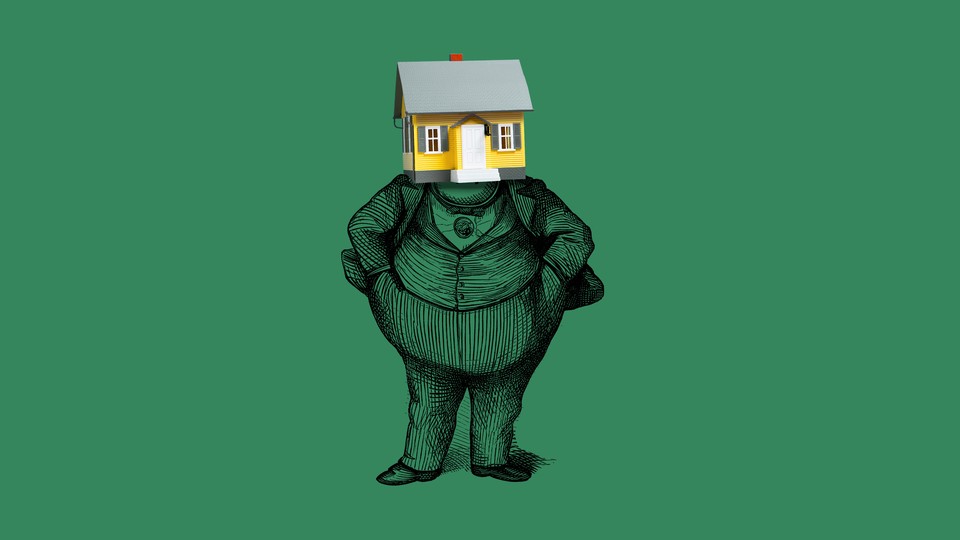 An illustration of a fat man wearing a three-piece suit (that is, a symbol of wealth) whose head is a house