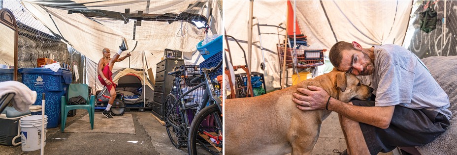 2 photos: man in red shorts does a high kick with foot above head inside tent containing chair, dresser, bike; another man in gray shirt/shorts sits and rests his head on a dog