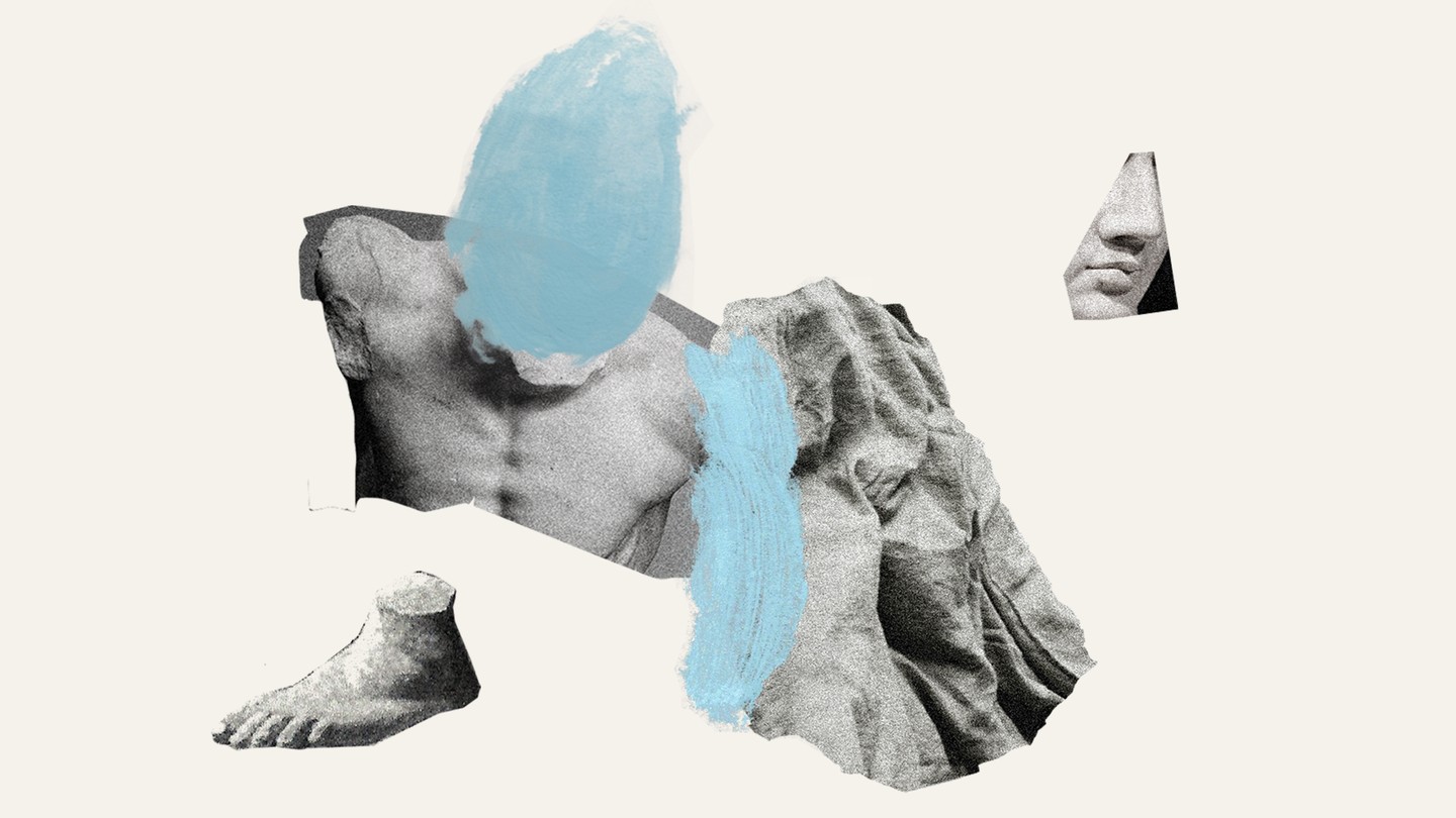A collage of images of a statue of a man, with a blue finger-print smudge over his face and another off to the side
