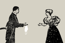 A man holding a face mask and a woman reach to shake hands