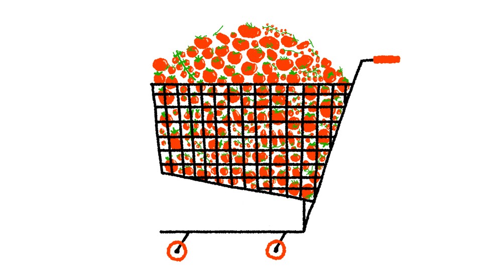 An illustration of a grocery cart full of tomatoes.