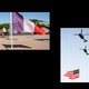 Side-by-side photos of European flags in Schengen and an American flag waving underneath helicopters.