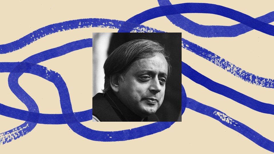 A black and white photo of Shashi Tharoor, inlaid on an illustrated background