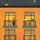 An illustration of the two friends chatting on their balconies at night