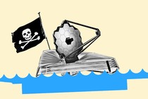 An illustration of NASA's new space telescope sailing on water, with a pirate flag waving overhead