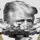 An image of Donald Trump melting into a parade of tanks and airplanes